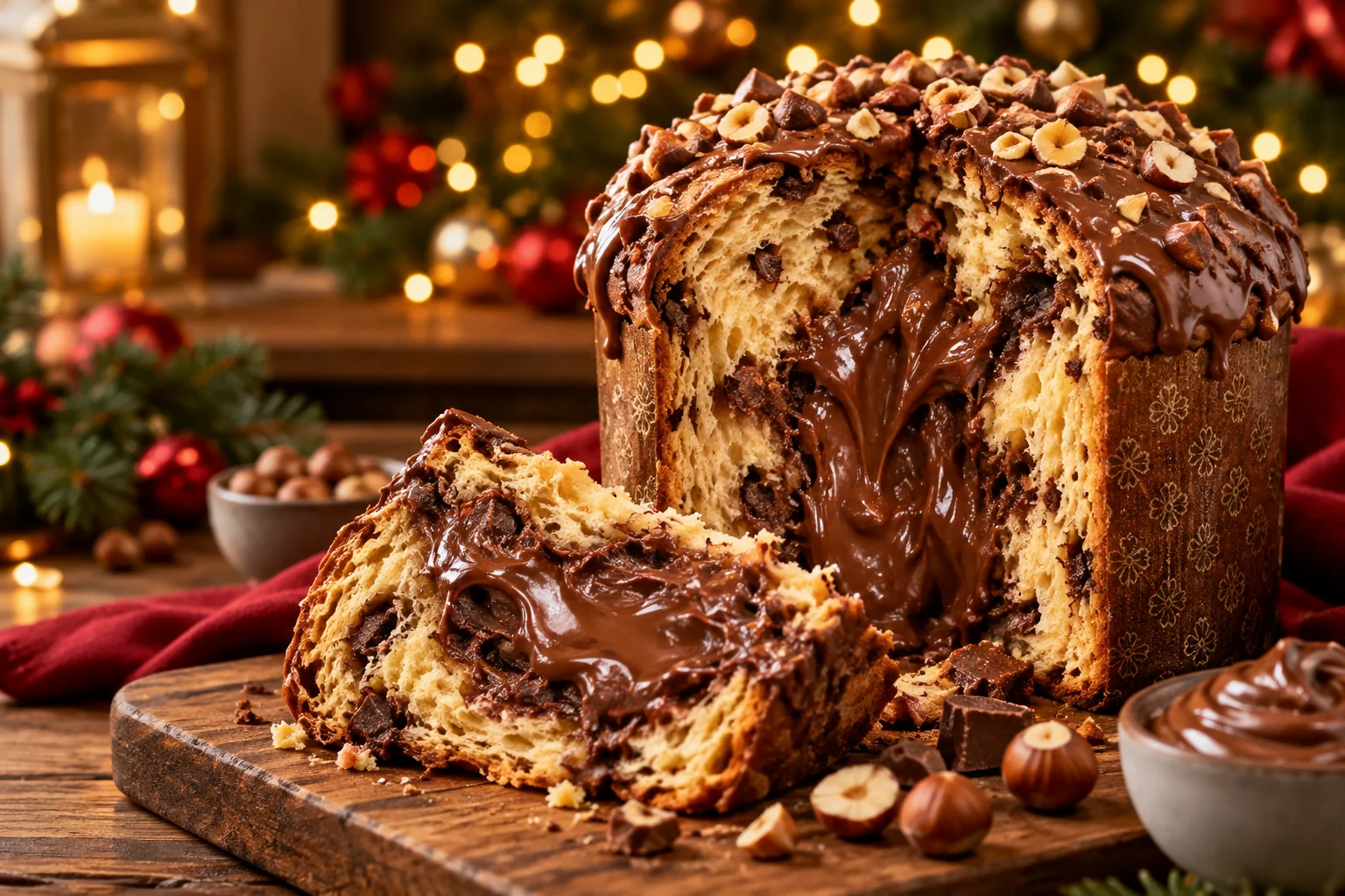 Chocotone recheado de chocolate em uma mesa decorada para o Natal